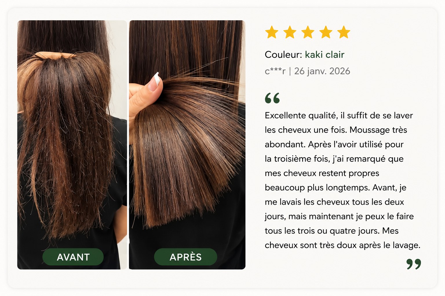 Avis client 5 étoiles avant/après sur le savon dasomhair — c***r, 26 janvier 2026