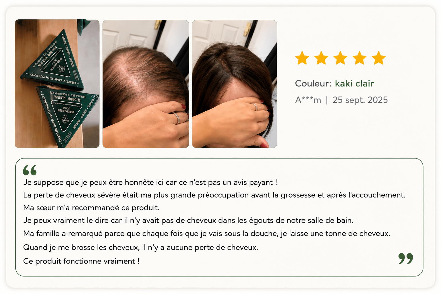 Avis client 5 étoiles sur le savon dasomhair — A***m, 25 septembre 2025